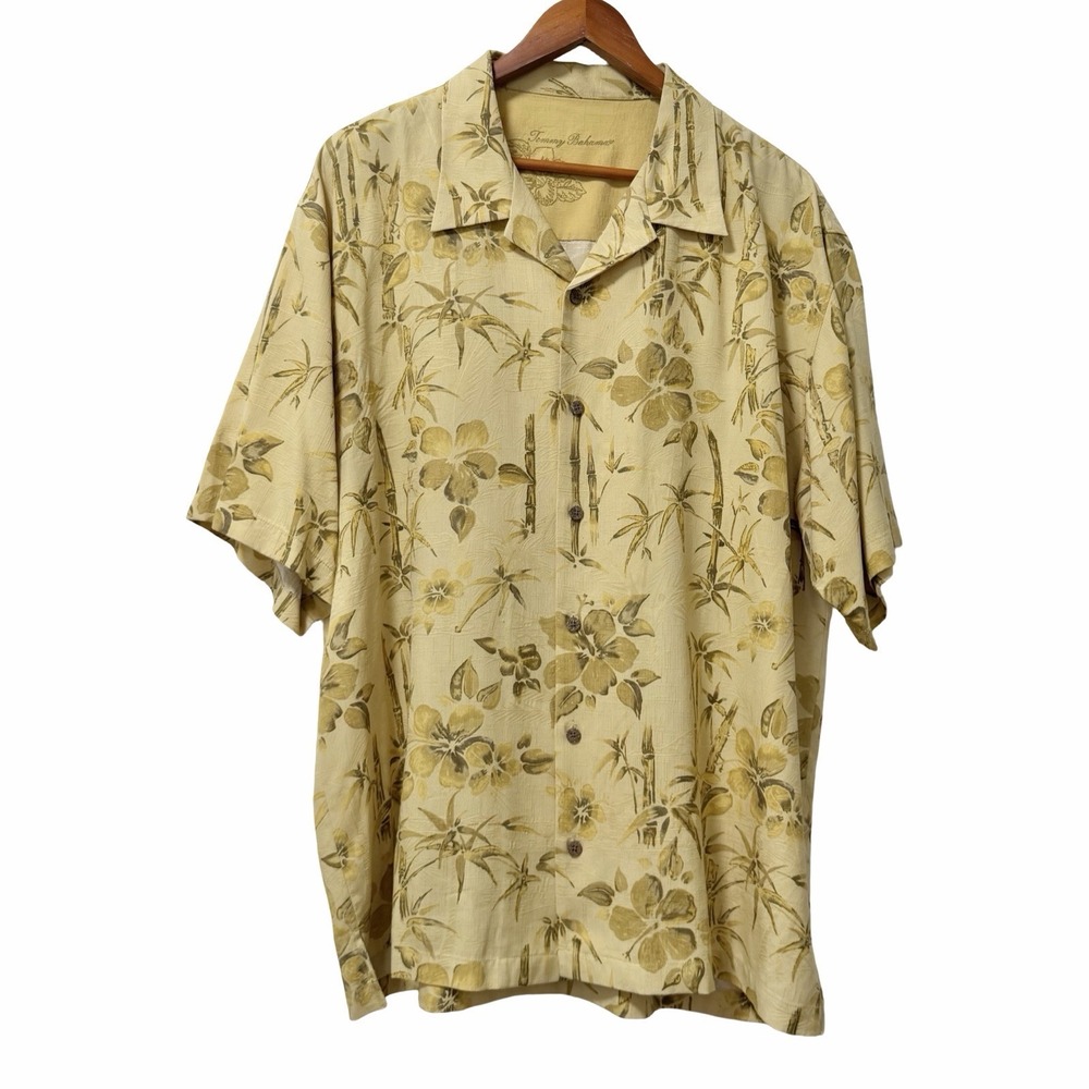 Tommy Bahama Mens Silk Short Sleeve Button Up Shirt Size XL Bamboo Print Hawaii